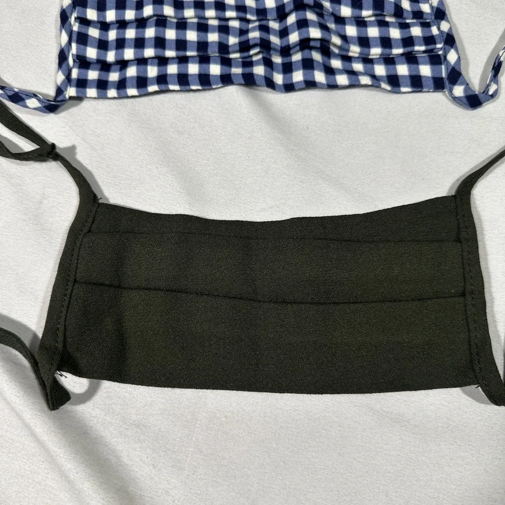 NEW Reformation Face Mask [ 2 Piece ] Blue Gingham Print +‎ Olive Green #T2153